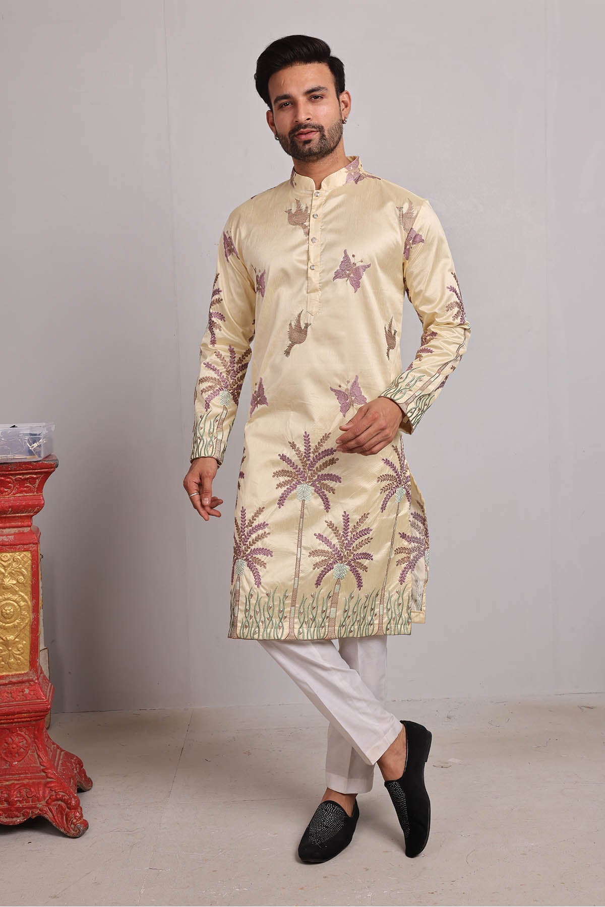 Buy Yellow Silk Embroidered Kurta by SNEHA B - Men for men online at ScrollnShops