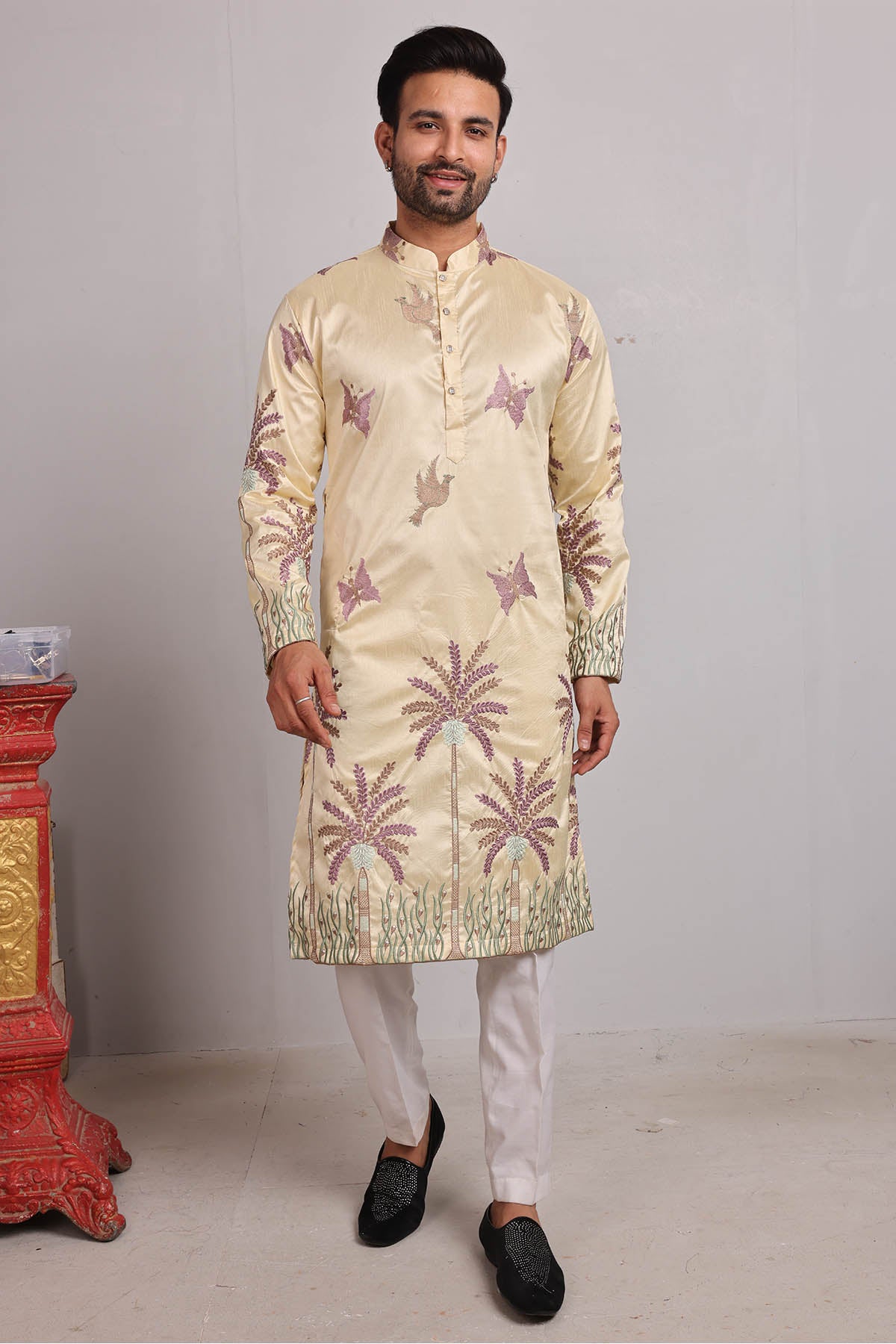 Yellow Silk Embroidered Kurta