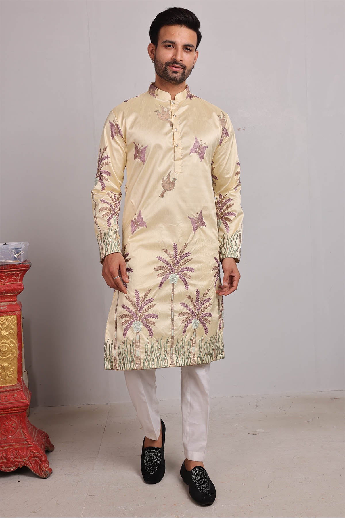 Yellow Silk Embroidered Kurta