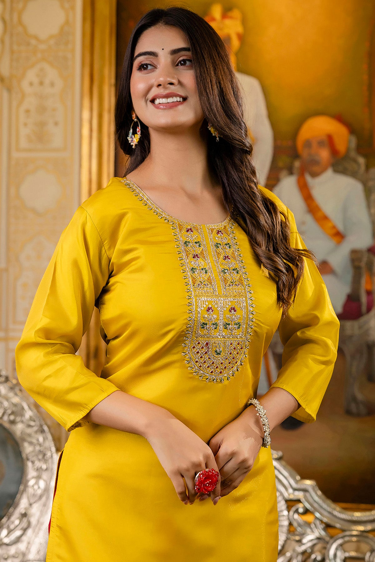 Yellow Silk Embroidery Kurta