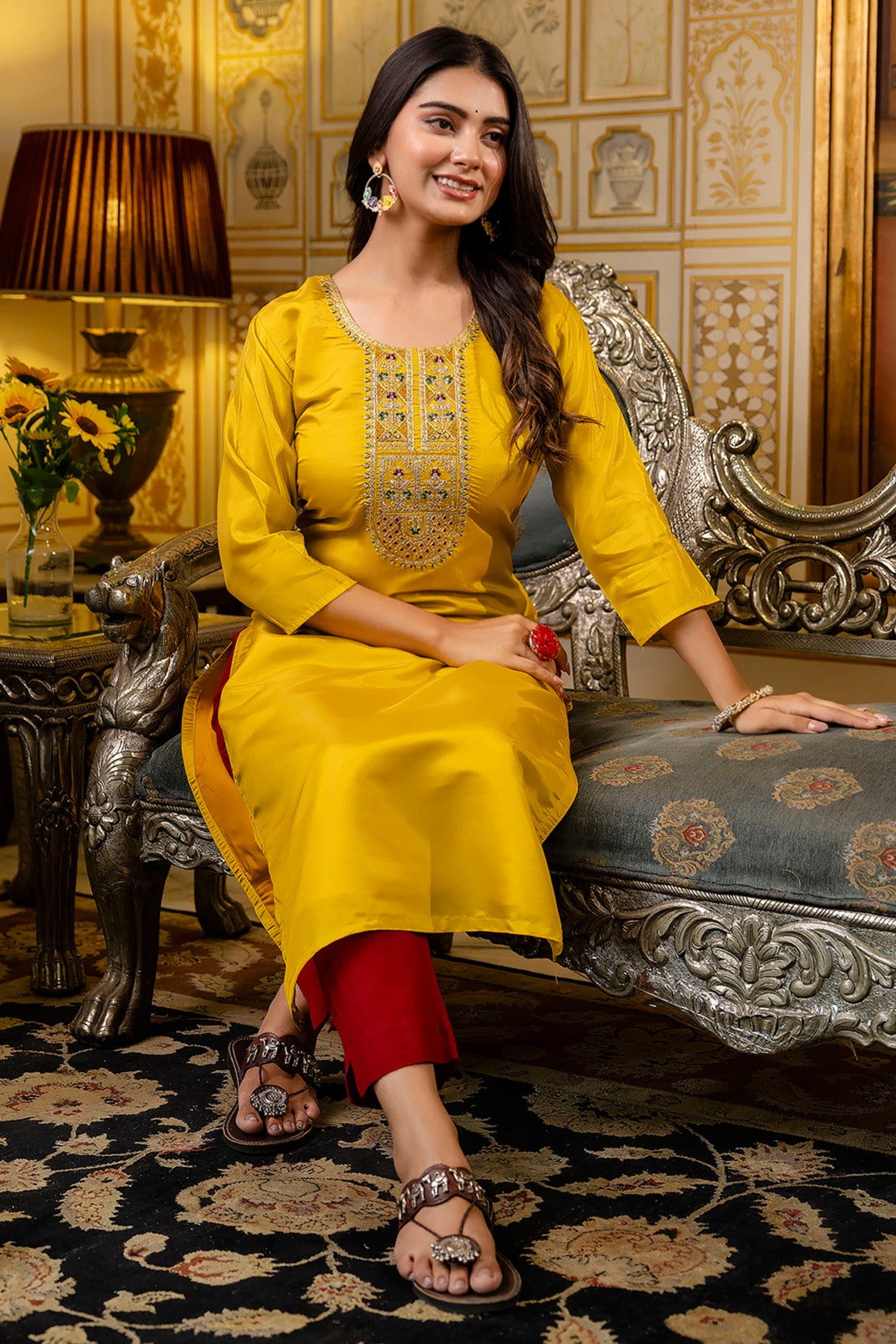 Yellow Silk Embroidery Kurta