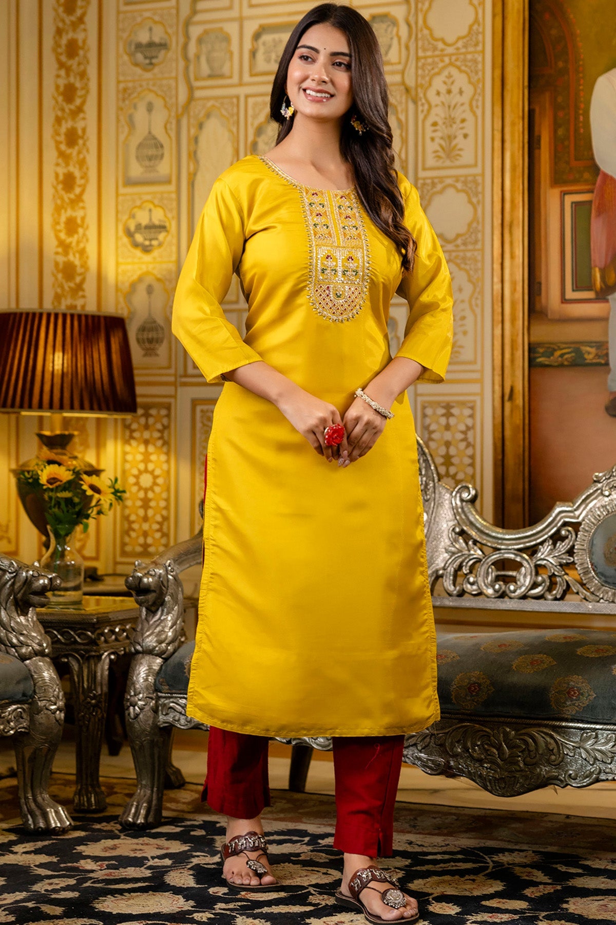 Buy Yellow Silk Embroidery Kurta for women by Aastha Fashion online available at scrollnshops
