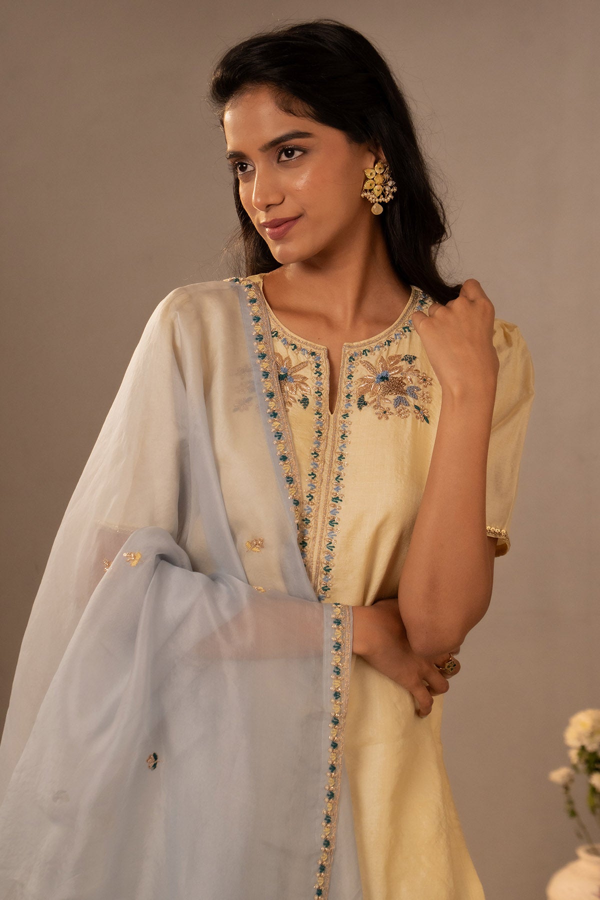 Yellow Silk & Organza Kurta Set