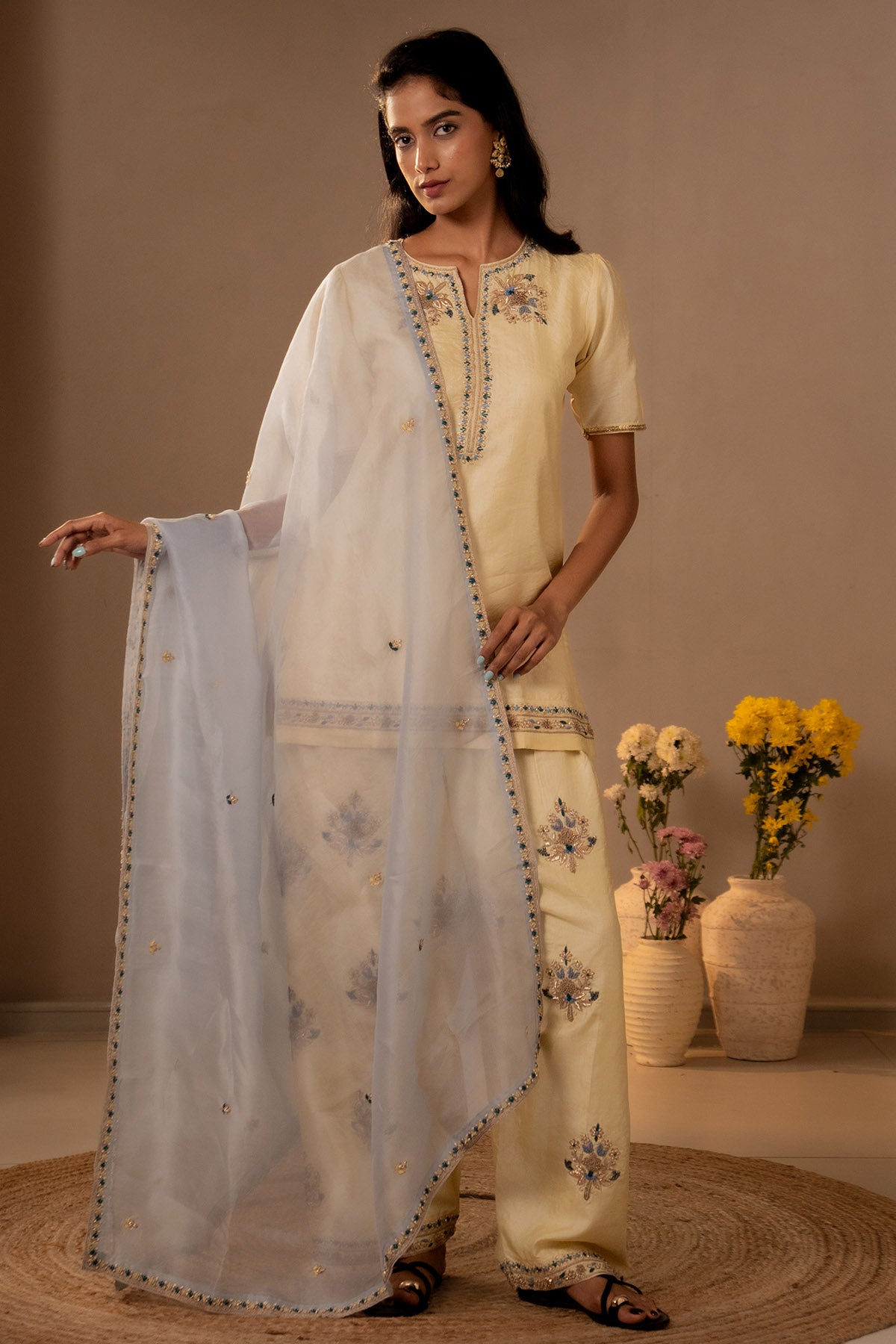 Yellow Silk & Organza Kurta Set