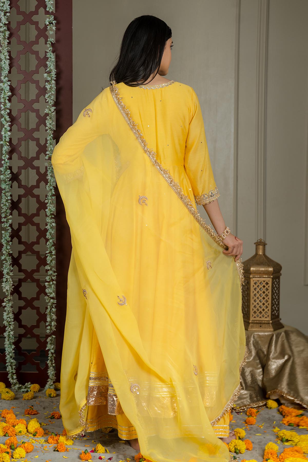 Yellow Silk Organza Lace Dupatta