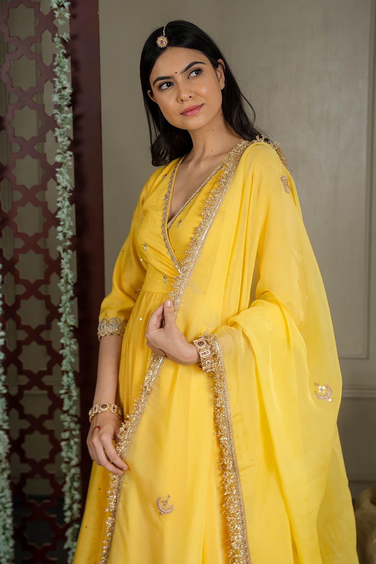Yellow Silk Organza Lace Dupatta