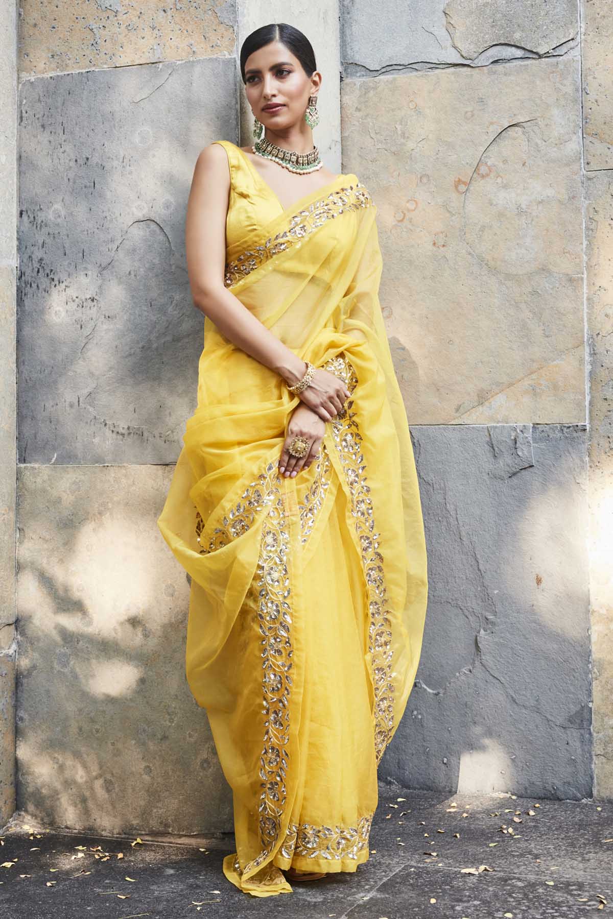 Designer Ranian Yellow silk organza saree with delicate floral pattern border in 3D sequins and zari. The saree comes with a plain satin silk blouse with a back hook For women Online at ScrollnShops