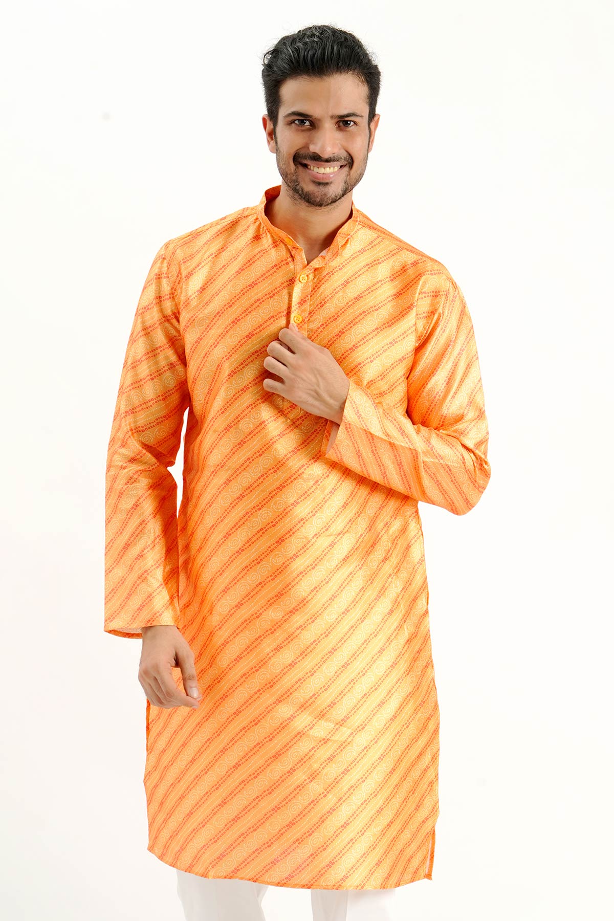 Buy Yellow Silk Print Detail Kurta for men by Aastha Fashion online available at scrollnshops