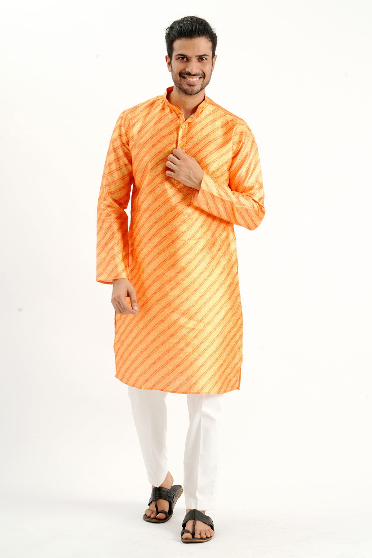 Yellow Silk Print Detail Kurta