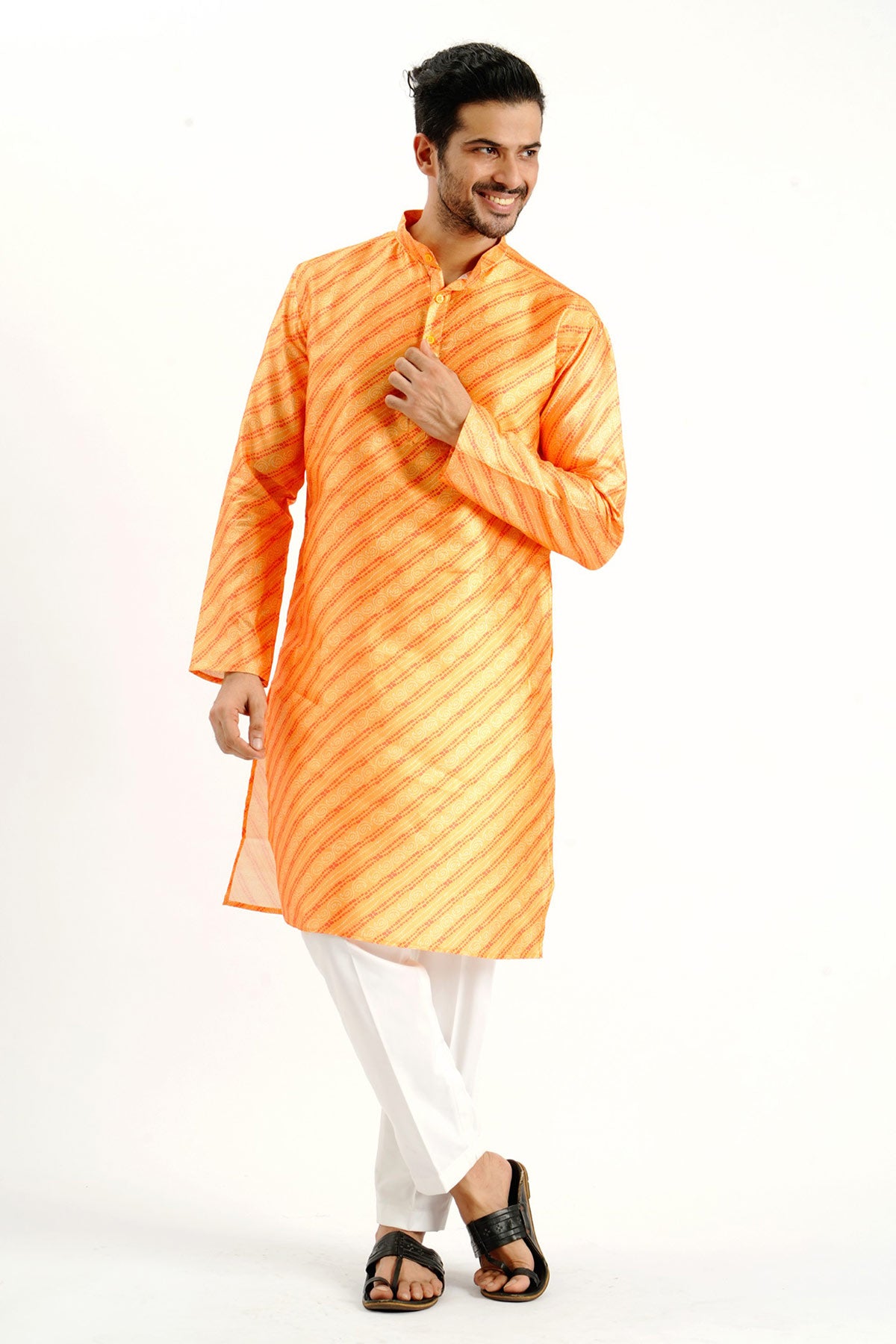Yellow Silk Print Detail Kurta