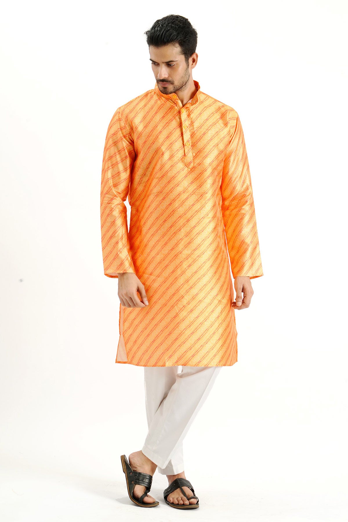 Yellow Silk Print Detail Kurta
