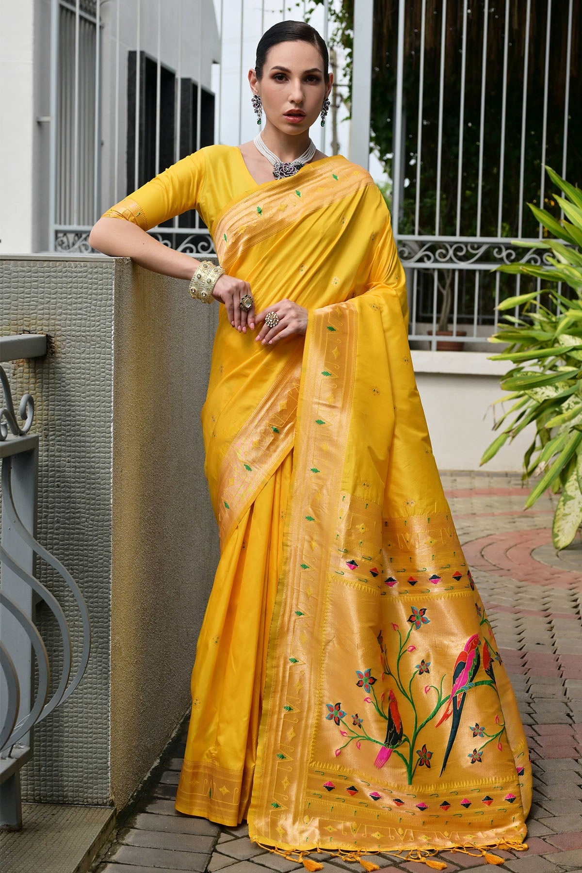 Buy Yellow Silk Pure Woven Saree for women by Lili Lala Designer online available at scrollnshops