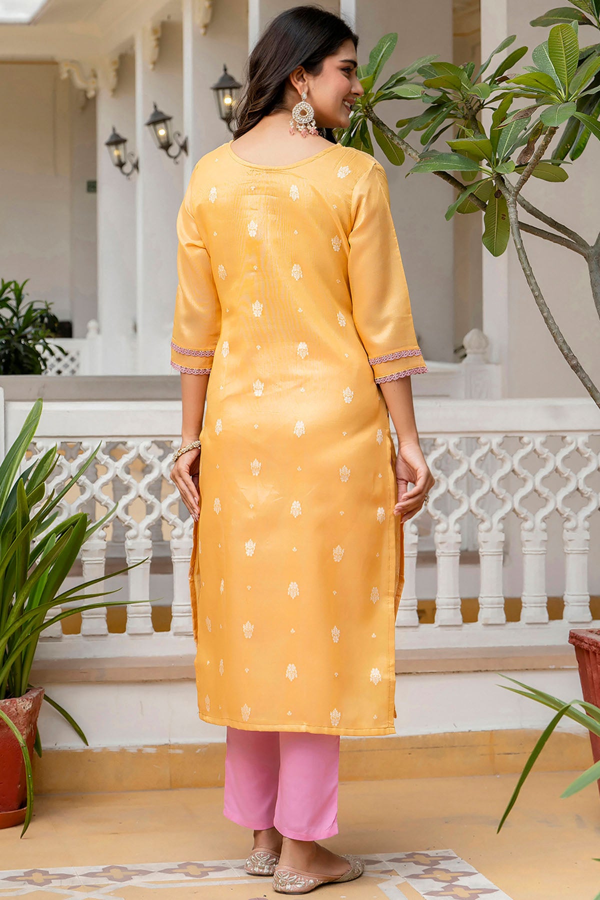 Yellow Silk Round Neck Kurta