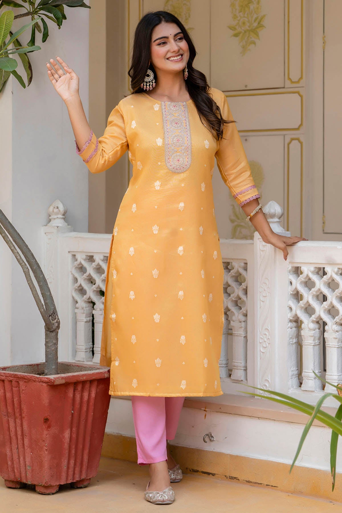 Buy Yellow Silk Round Neck Kurta for women by Aastha Fashion online available at scrollnshops
