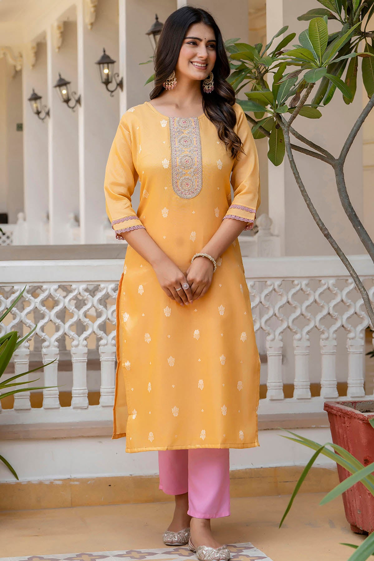Yellow Silk Round Neck Kurta