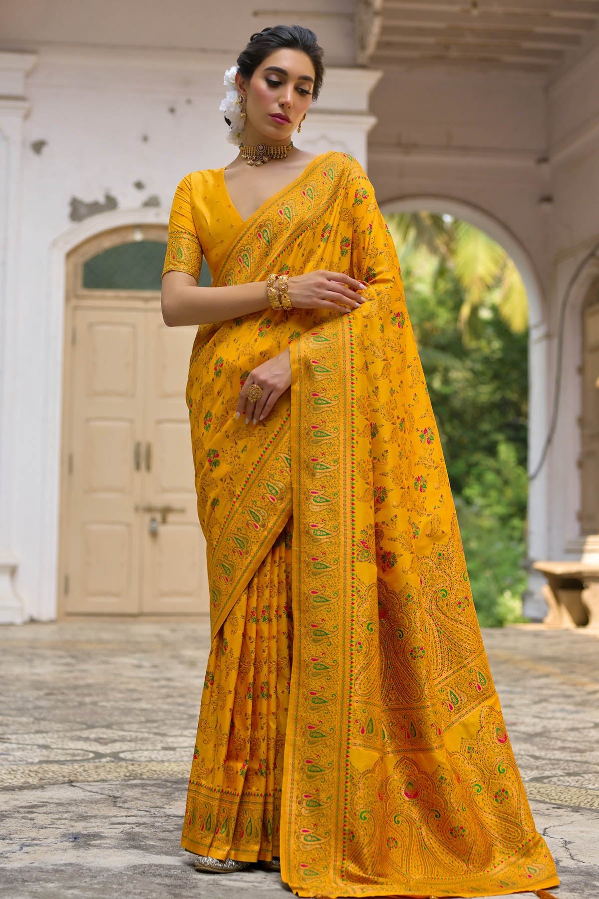 Buy Yellow Silk Thread Woven Saree by Lili Lala for women online at ScrollnShops
