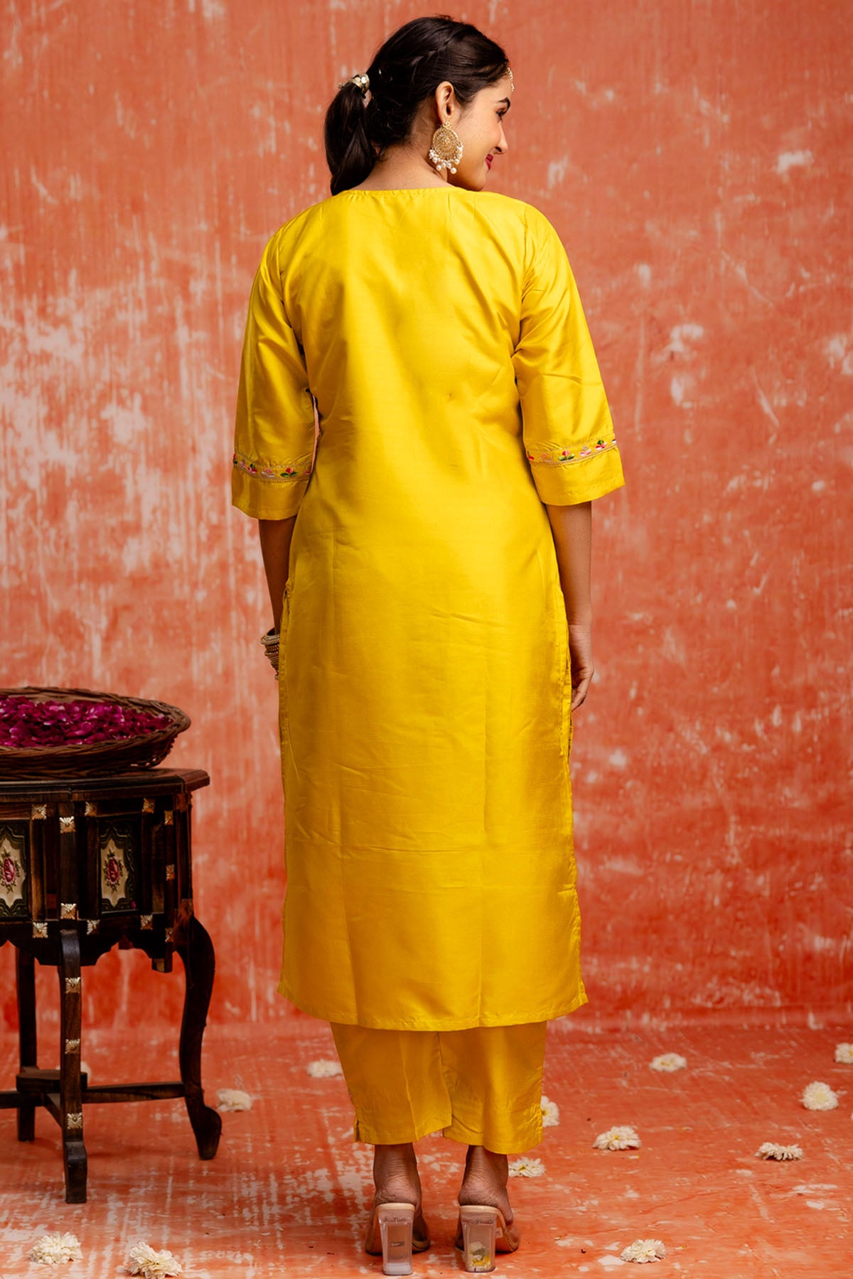 Yellow Silk V Neck Kurta Set