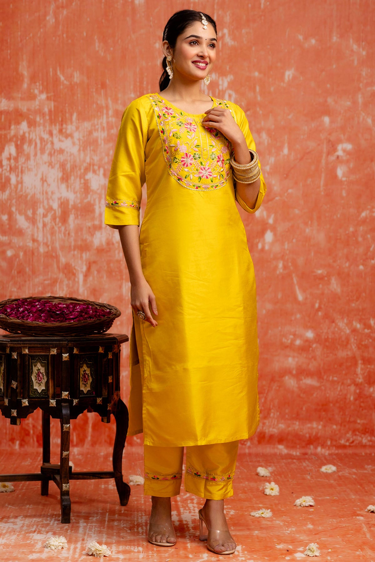 Yellow Silk V Neck Kurta Set