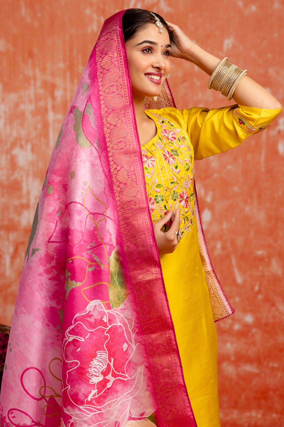 Yellow Silk V Neck Kurta Set