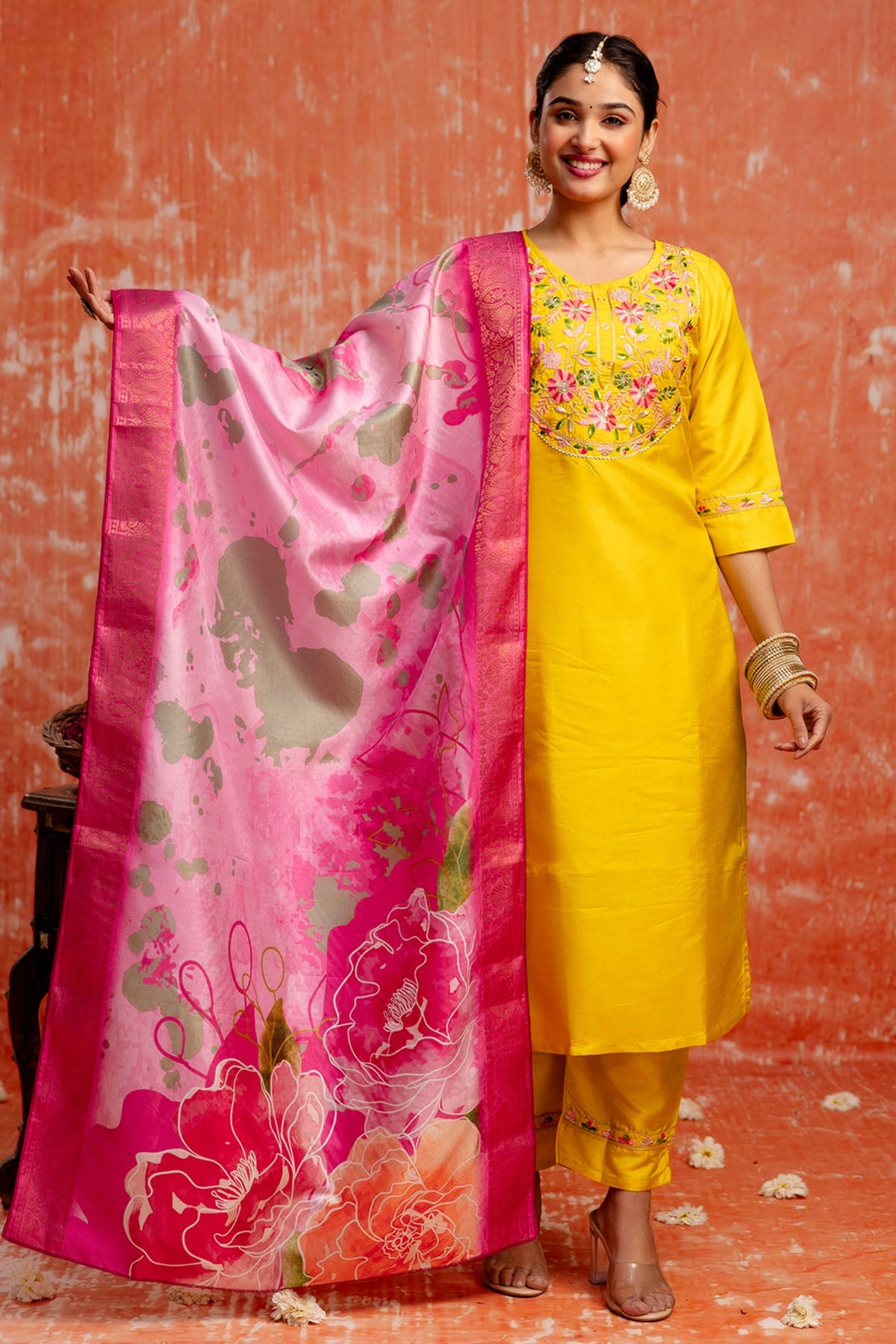 Buy Yellow Silk V Neck Kurta Set for women by Aastha Fashion online available at scrollnshops