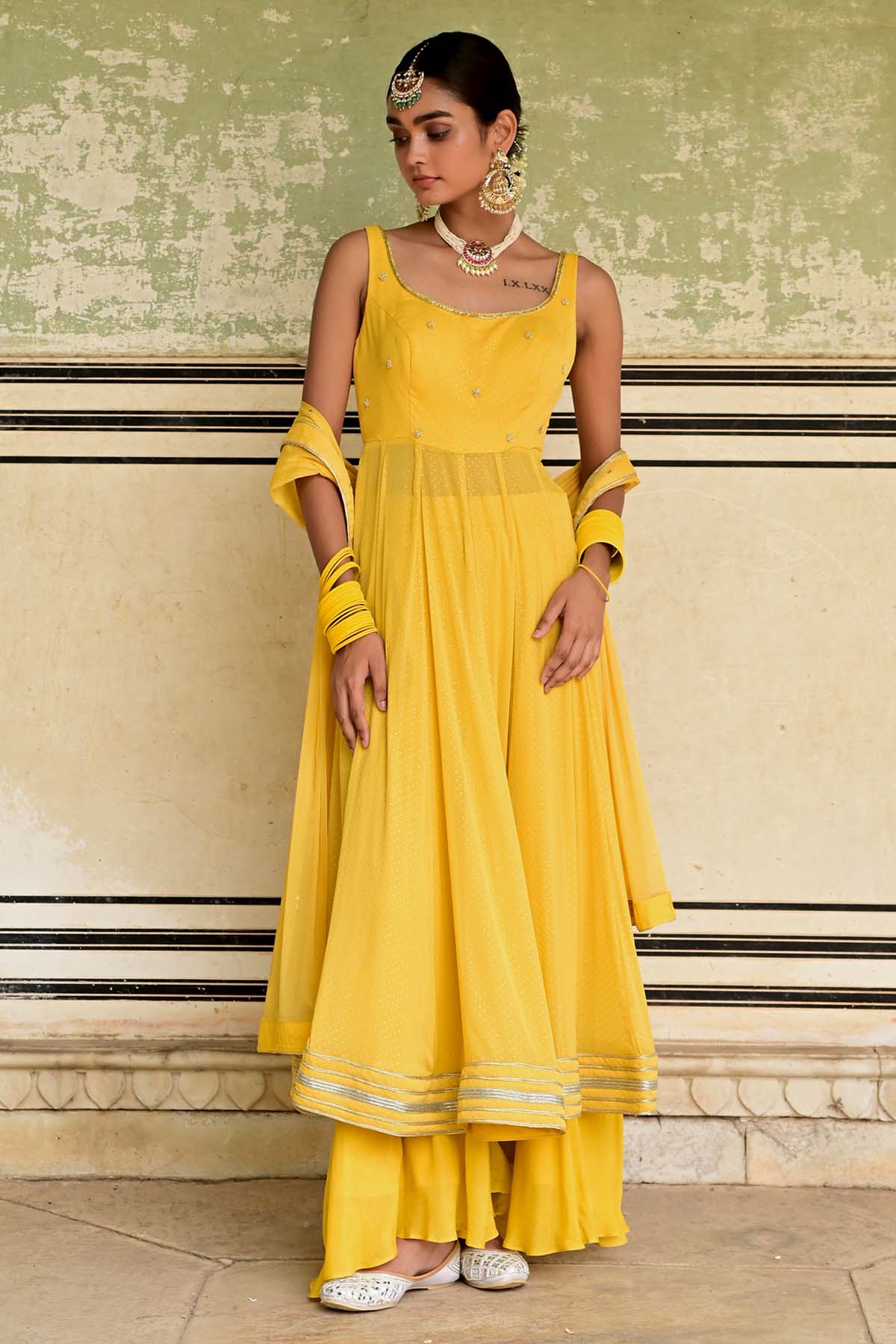 Taro India Yellow Sleeveless Anarkali Set for women online at ScrollnShops