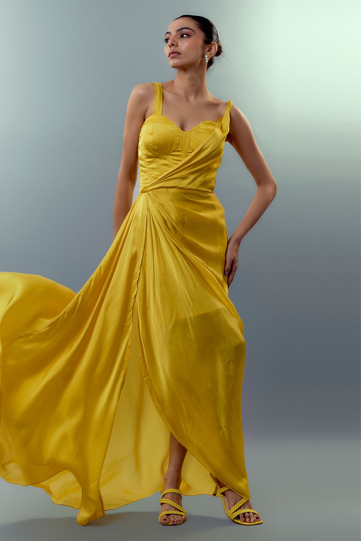 Yellow Sleeveless Drape Gown
