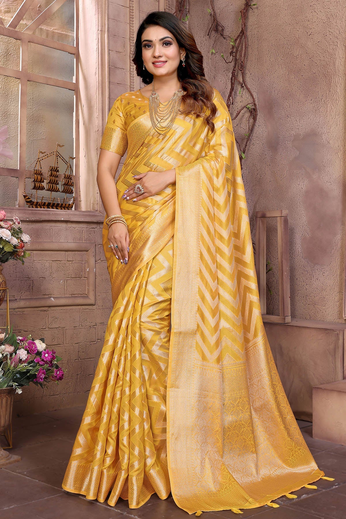 Buy Yellow Soft Organza Silk Saree for women by Aastha Fashion online available at scrollnshops