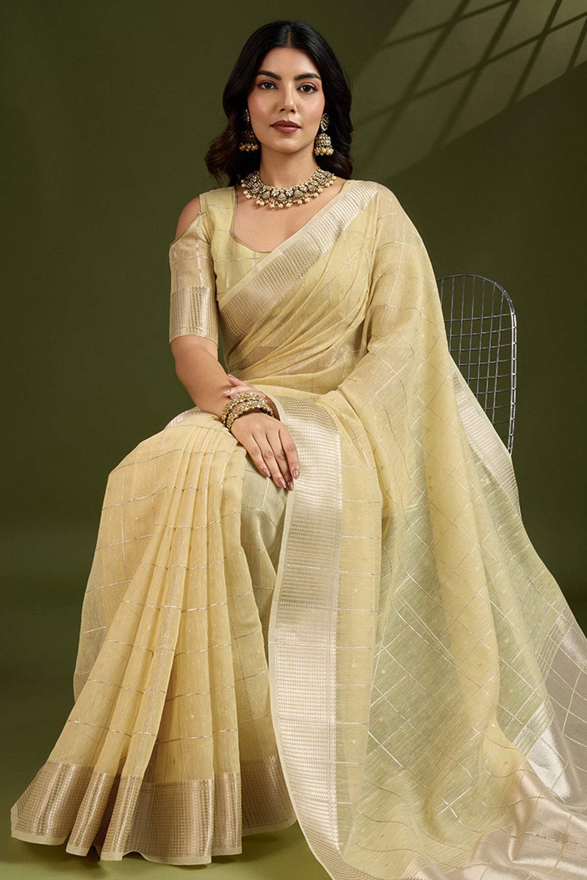 Buy Yellow Soft Silk Saree & Blouse for Women Online available at ScrollnShops