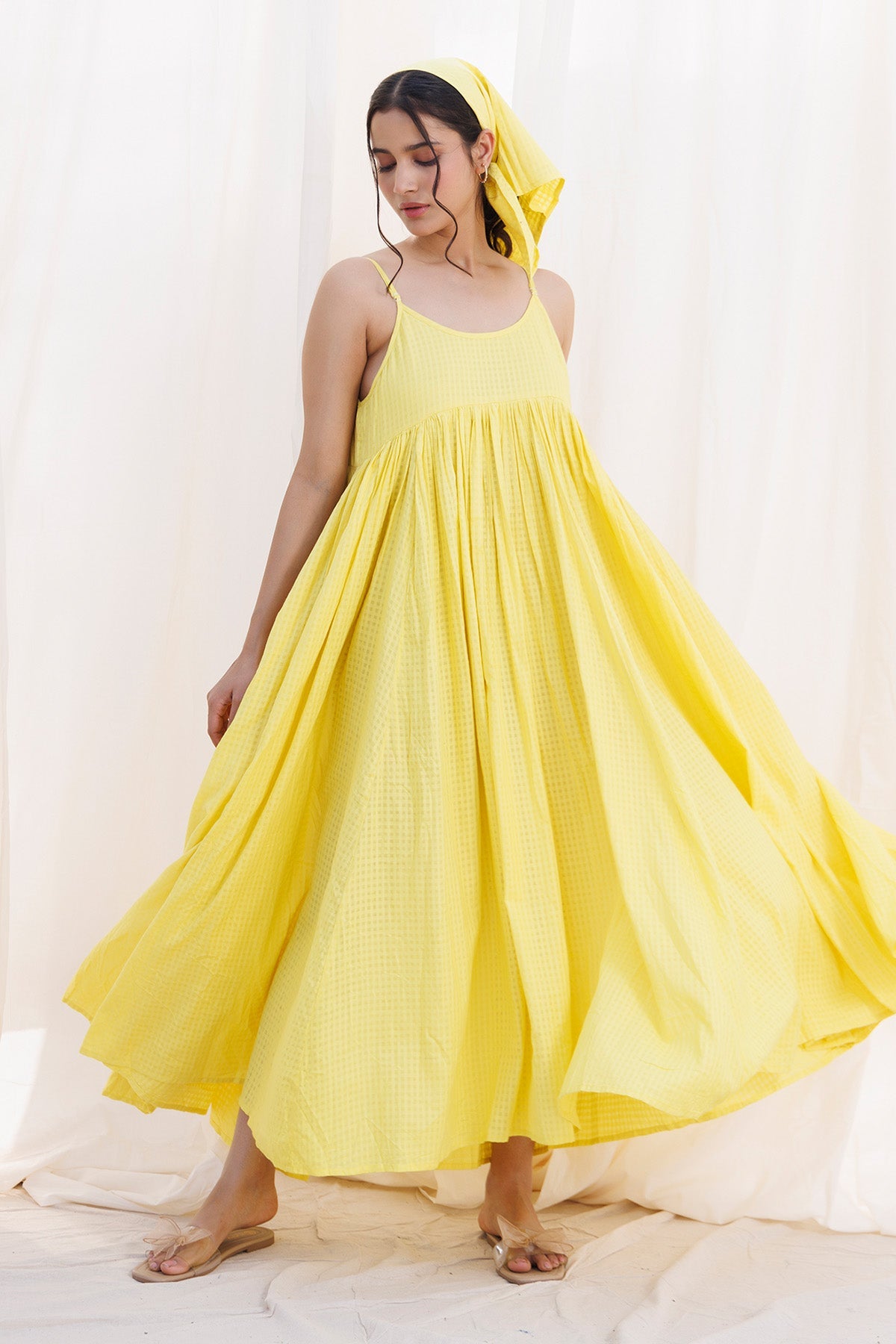 Buy Yellow Spaghetti Flared Dress  by Label Surabhi Raj for women online at ScrollnShops