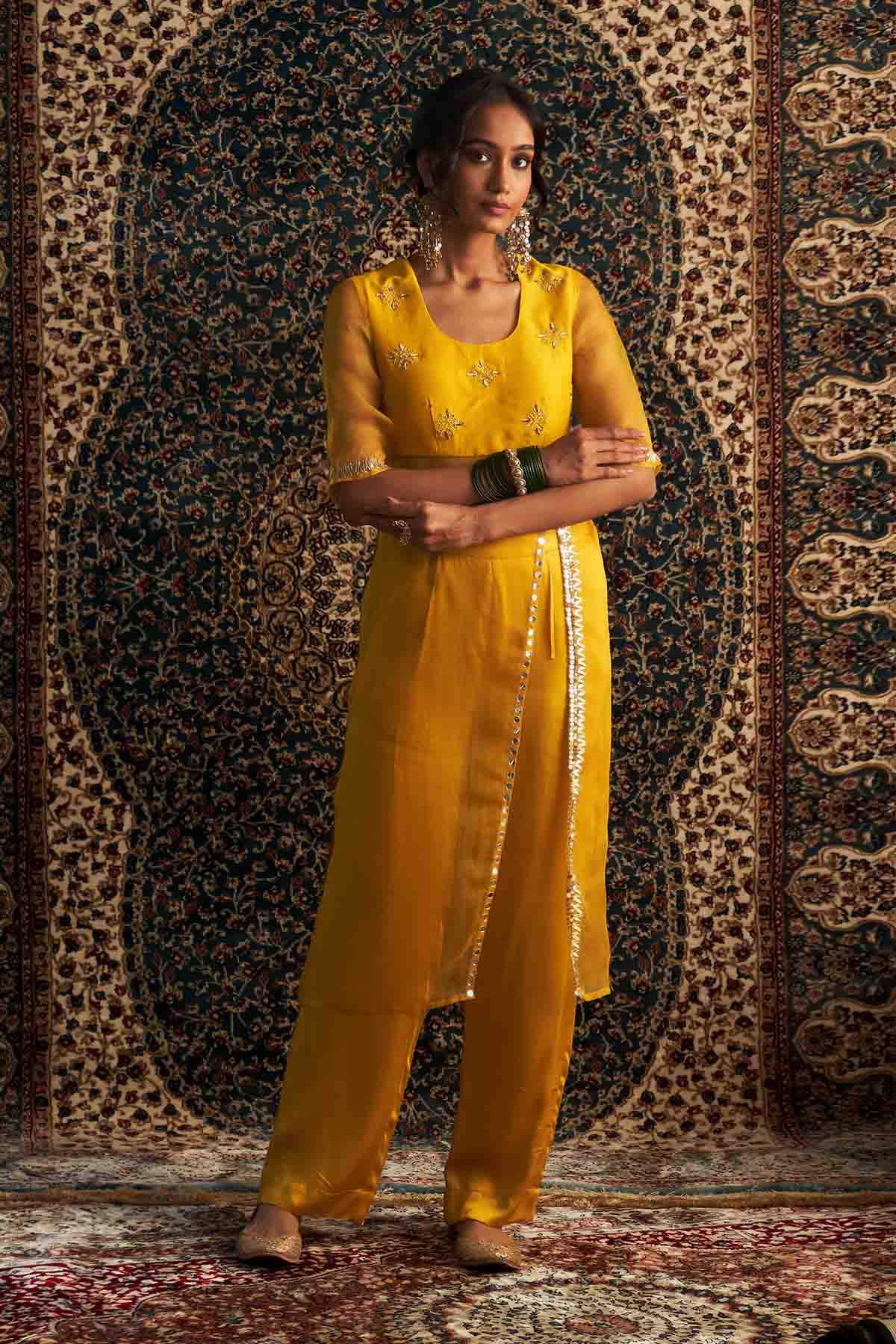 Buy Yellow Straight Kurta & Pants by Charkhee for women online at ScrollnShops