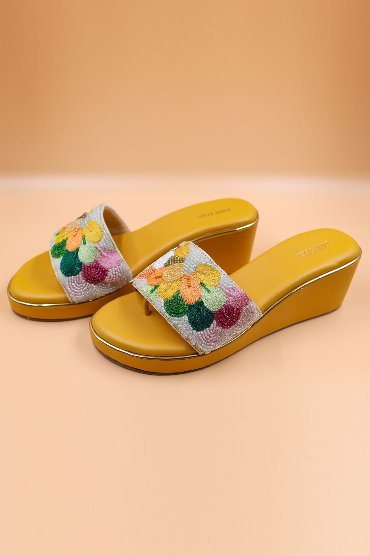 Foot Fuel Yellow Thread Embroidered Wedges for accessories online at ScrollnShops