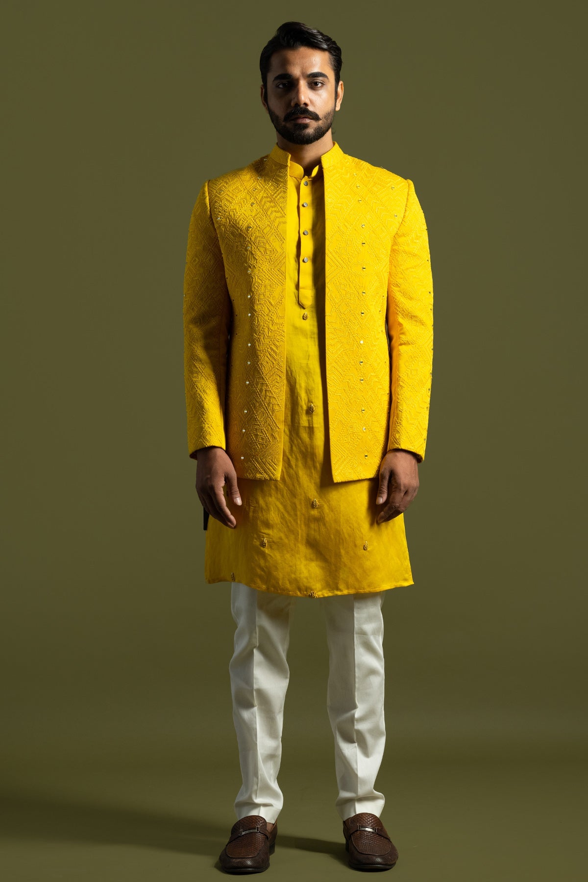 Buy Yellow Thread Work Achkan Set for men by Paarsh Atelier online available at scrollnshops