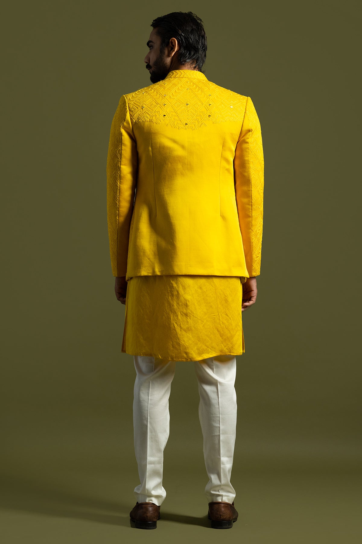 Yellow Thread Work Achkan Set