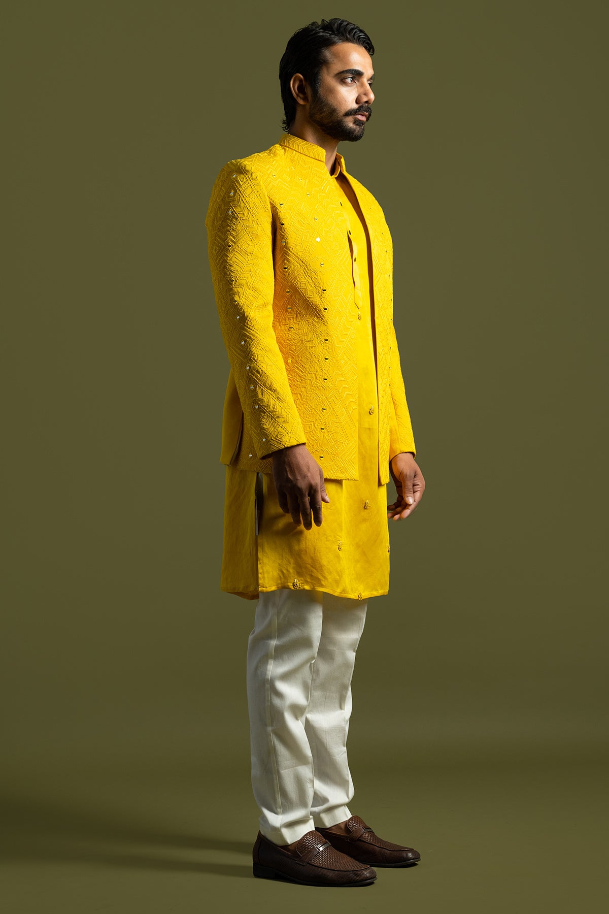 Yellow Thread Work Achkan Set