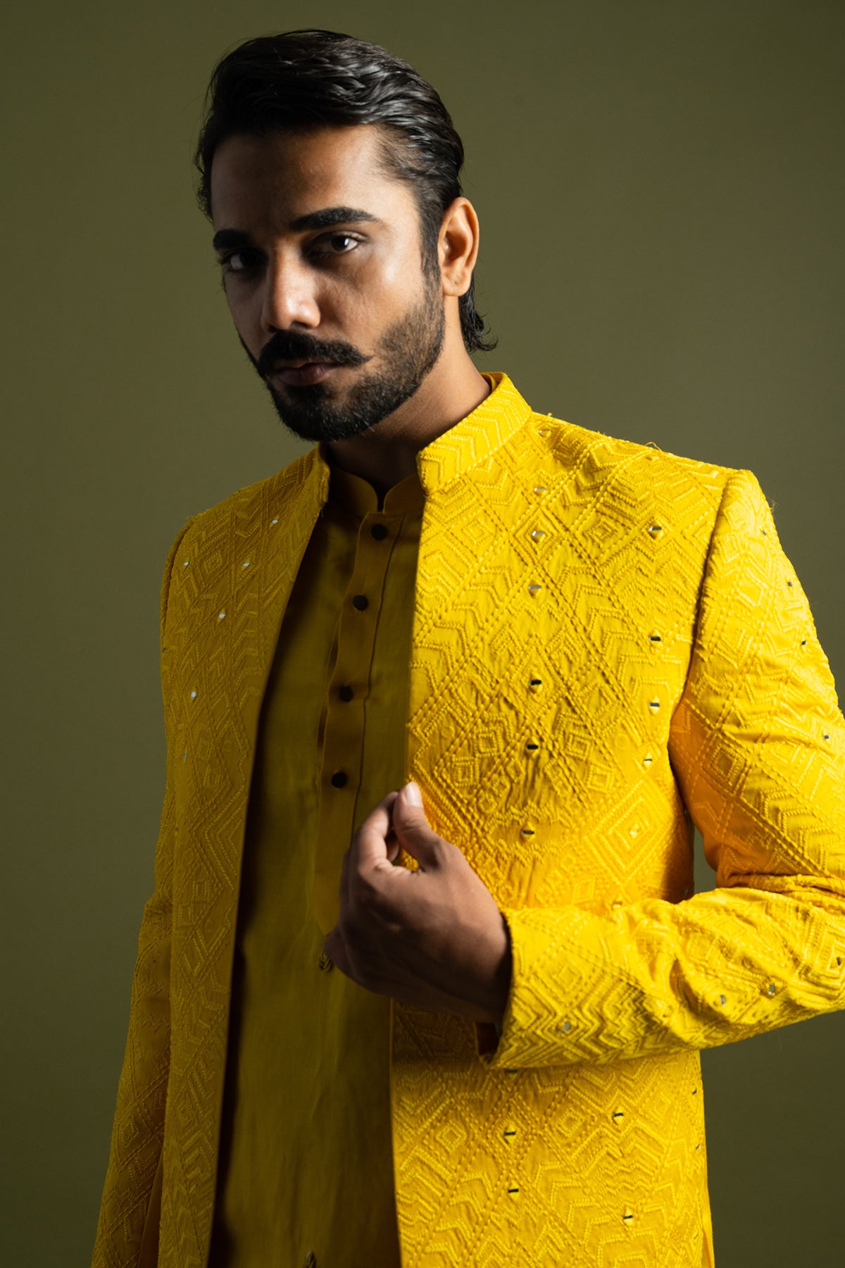 Yellow Thread Work Achkan Set