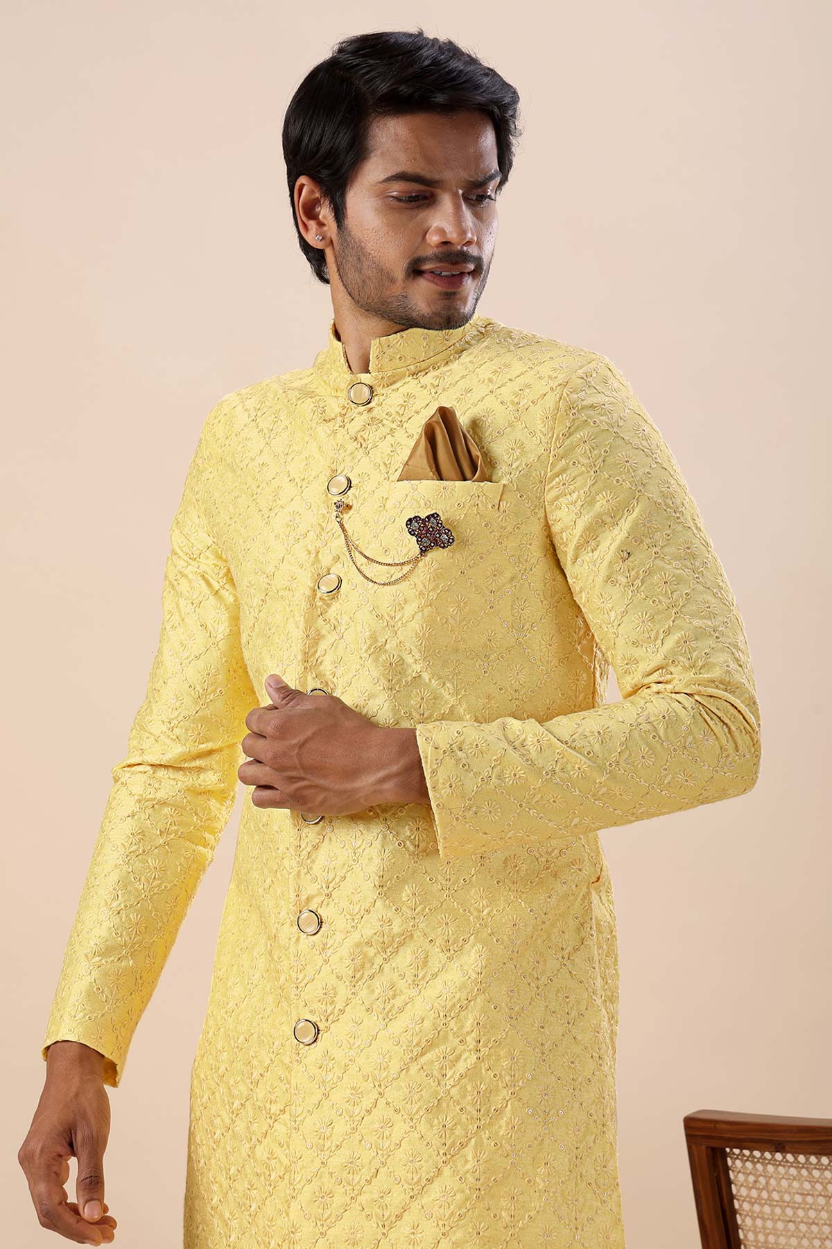 Yellow Thread Work Sherwani Set