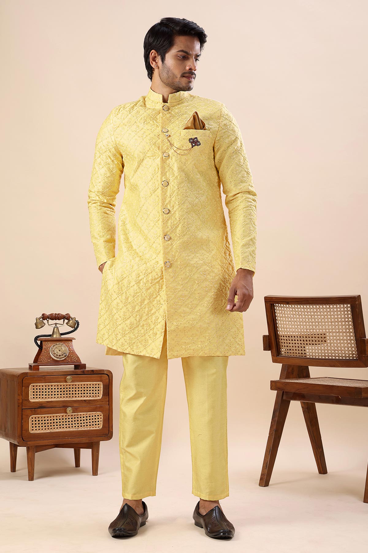 Buy Yellow Thread Work Sherwani Set for men by Aastha Fashion online available at scrollnshops
