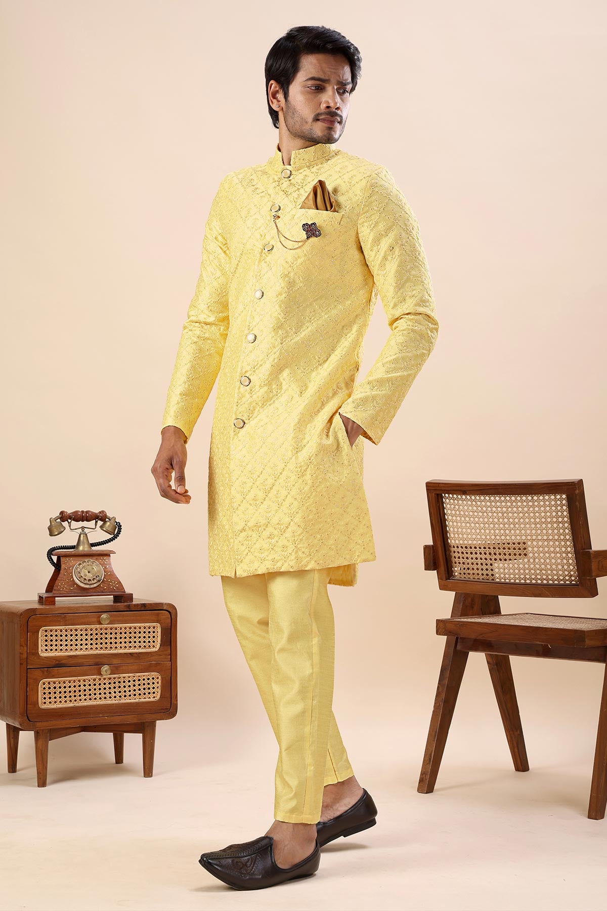 Yellow Thread Work Sherwani Set