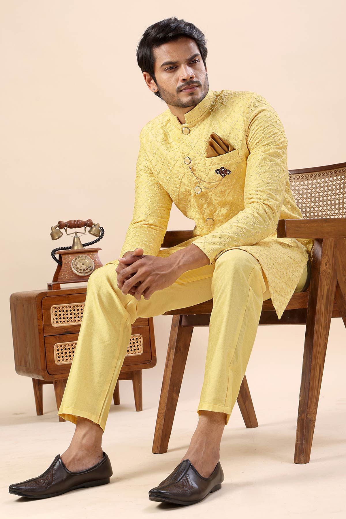 Yellow Thread Work Sherwani Set