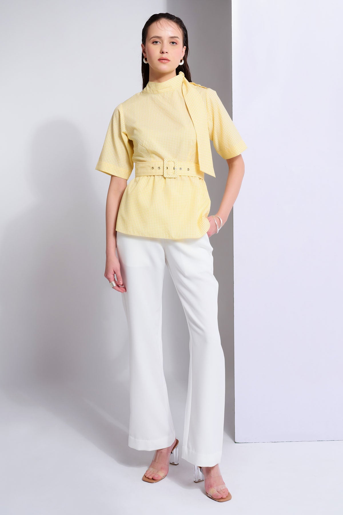 Vanten Yellow Tie-Up Collar Fusion Set for women online at ScrollnShops