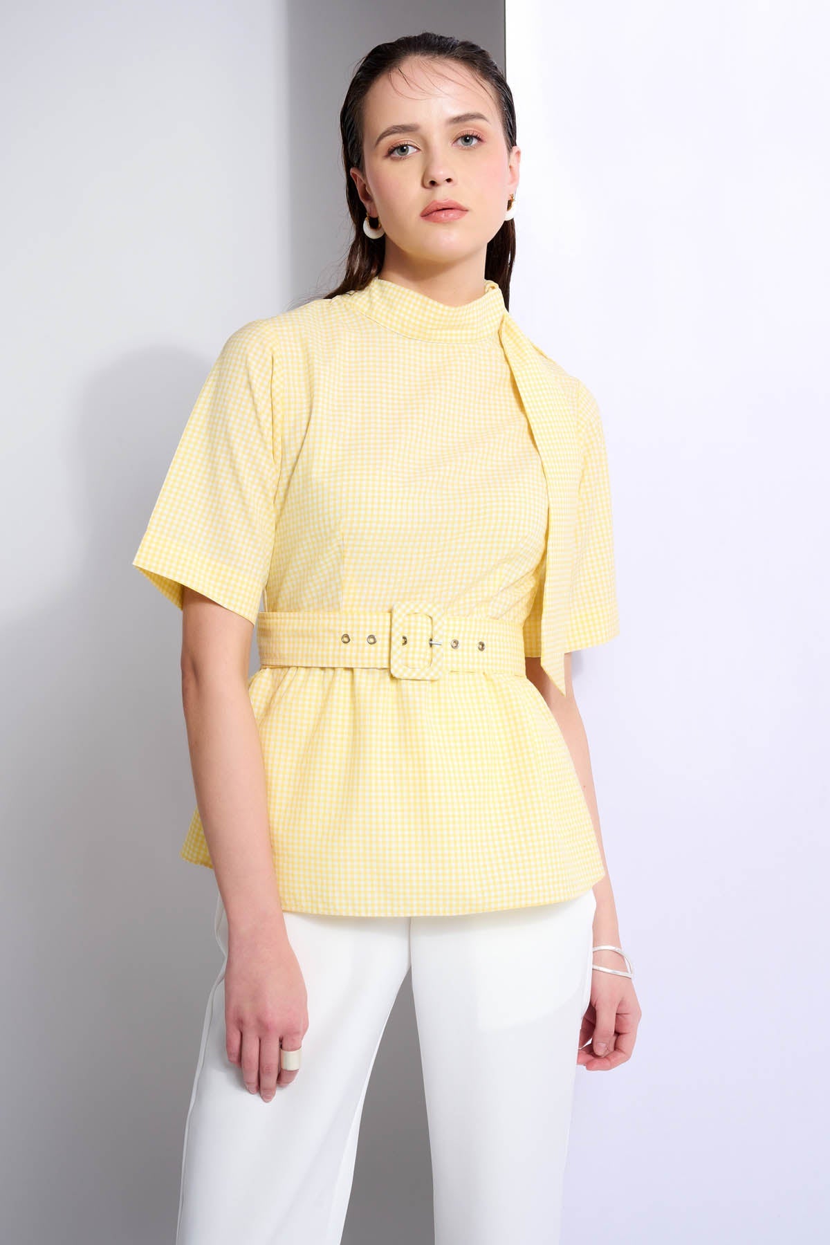 Vanten Yellow Tie-Up Collar Shirt for women online at ScrollnShops