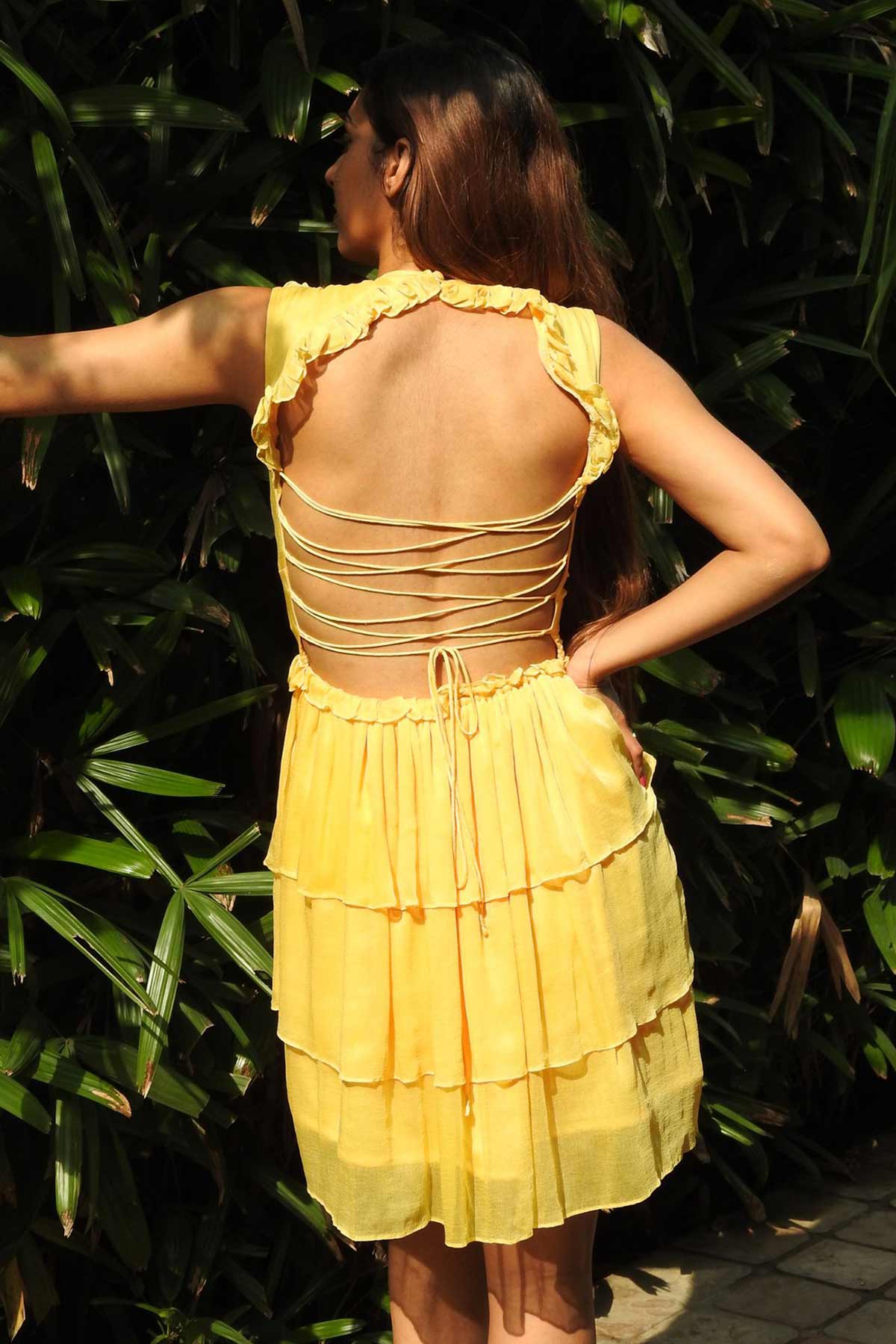 Yellow Tie Up Back Mini Dress
