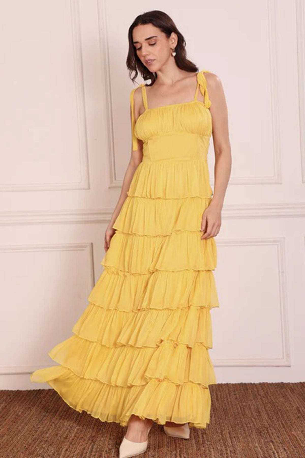 Buy Yellow Tie Up Straps Maxi Dress for women by Seoraa online available at scrollnshops