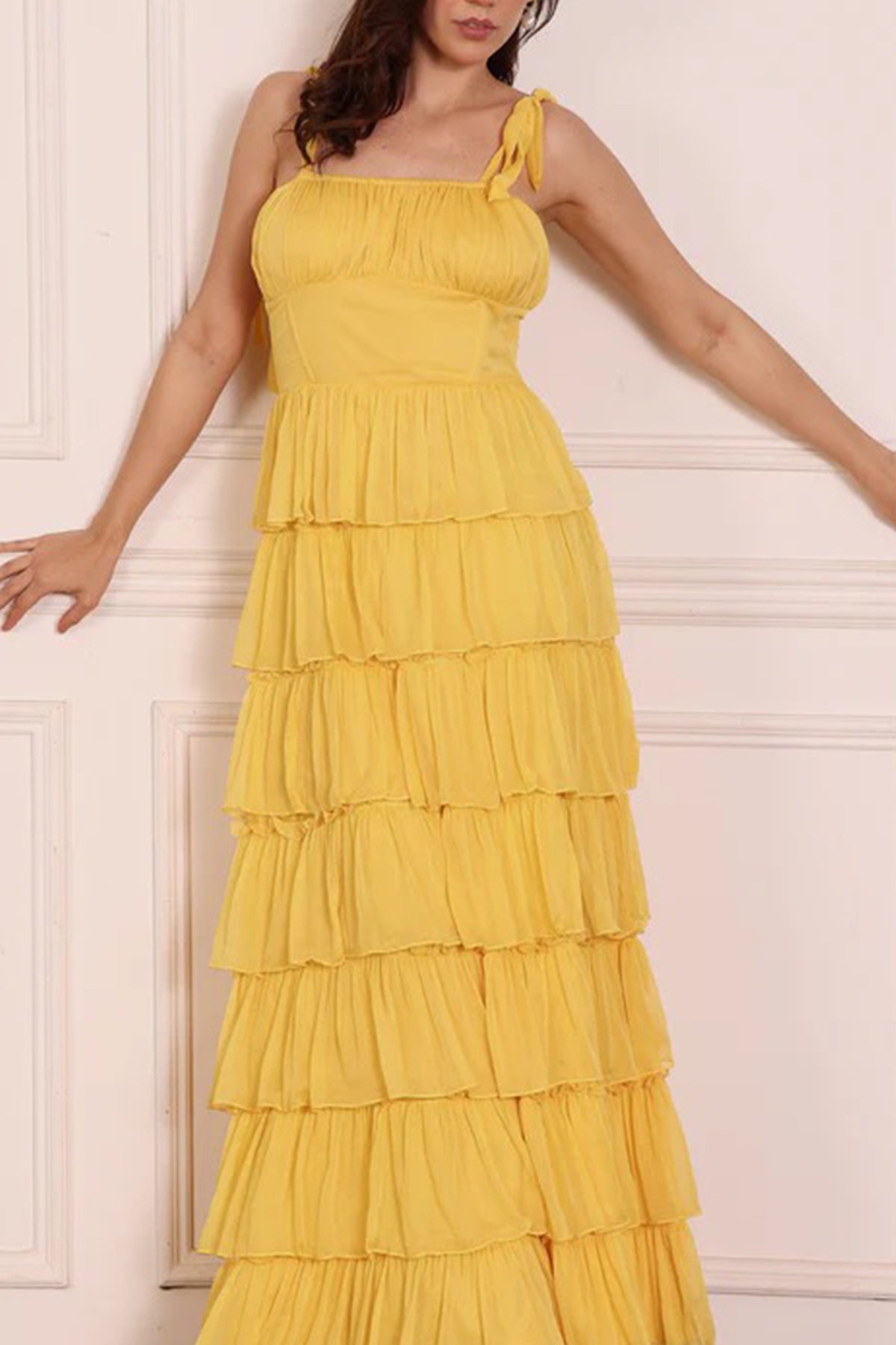 Yellow Tie Up Straps Maxi Dress