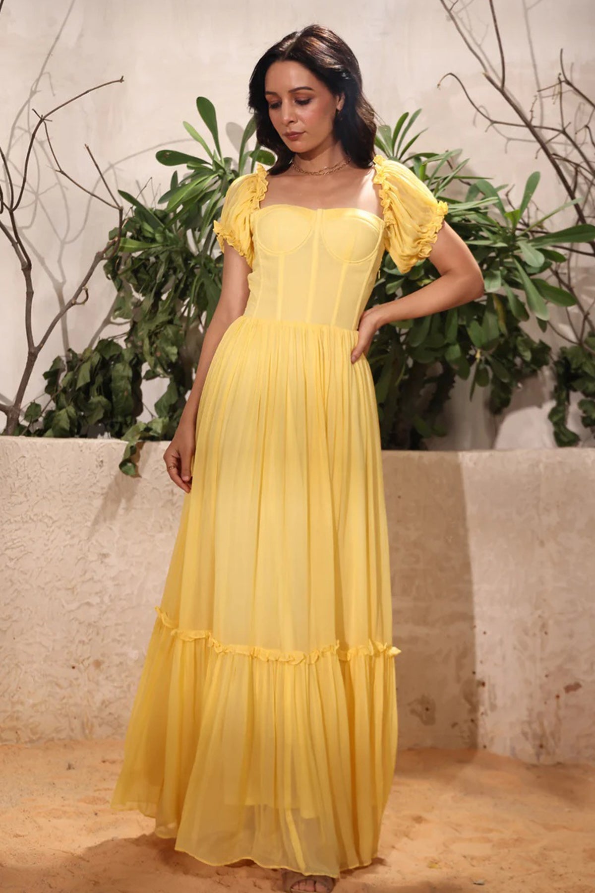 Buy Yellow Tiered Frill Maxi Dress for women online available at ScrollnShops