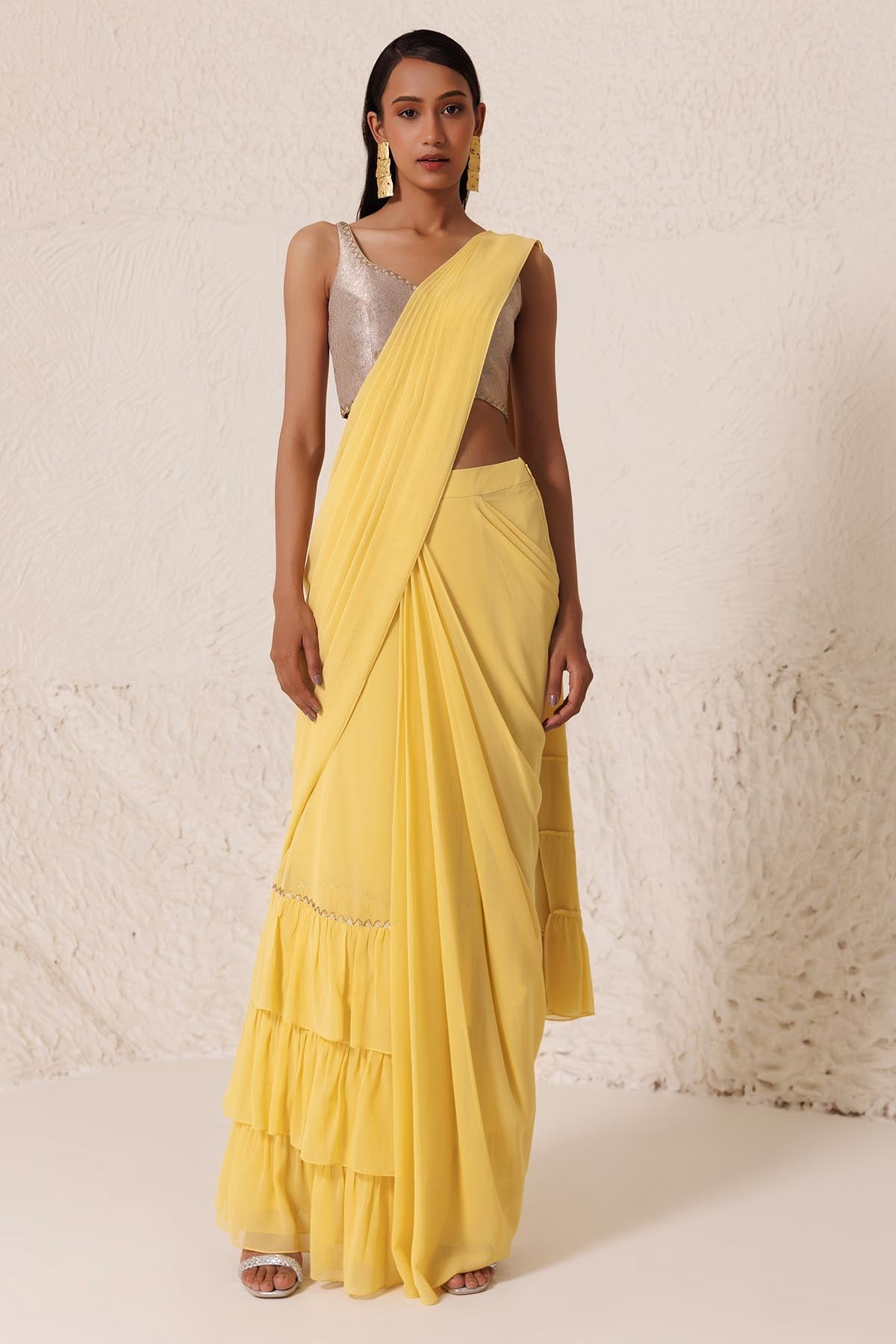 Chhaya Mehrotra Yellow Tiered Pre-Draped Saree for women online at ScrollnShops