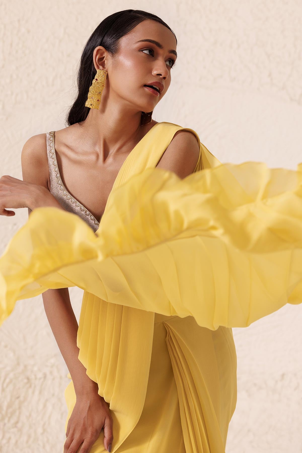 Yellow Tiered Pre-Draped Saree
