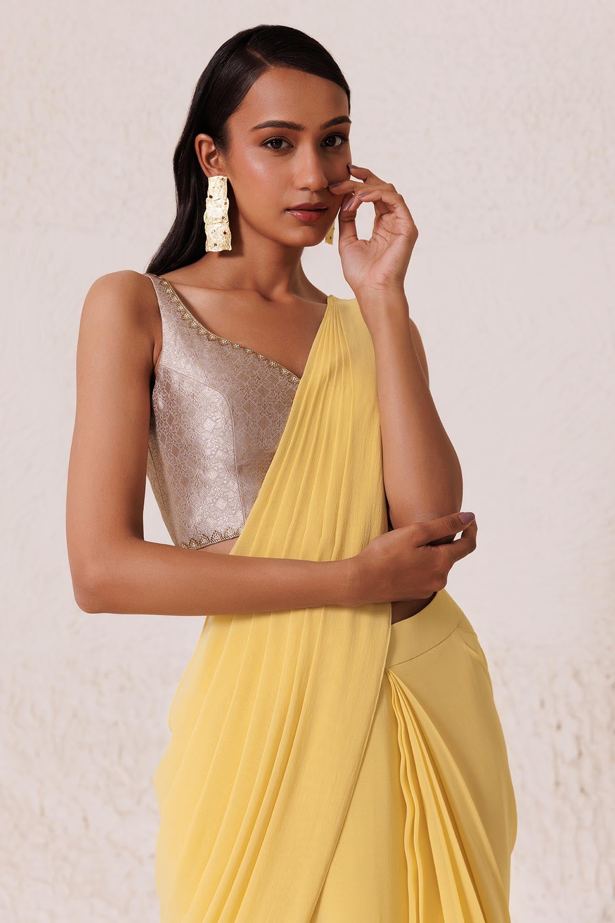 Yellow Tiered Pre-Draped Saree