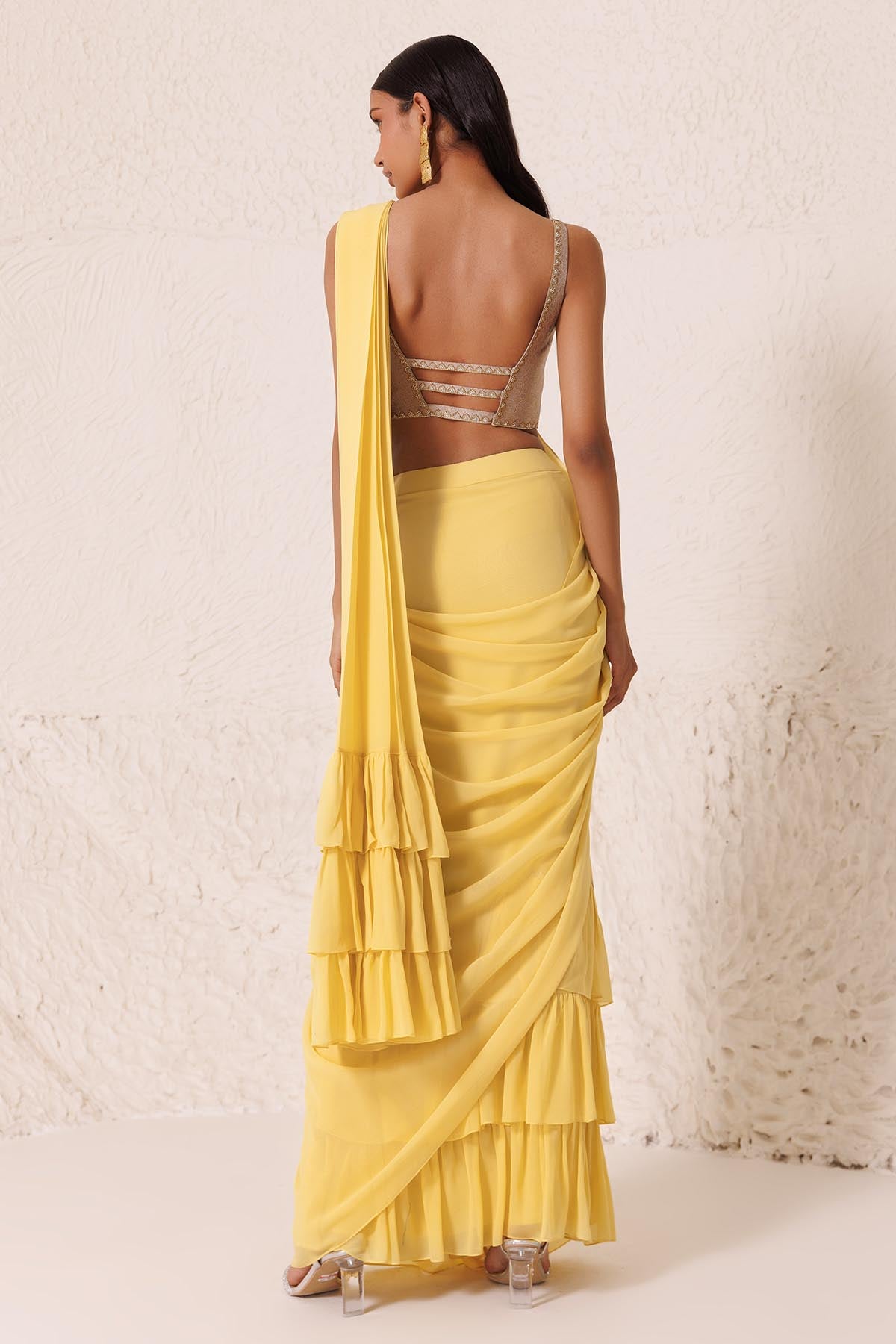 Yellow Tiered Pre-Draped Saree