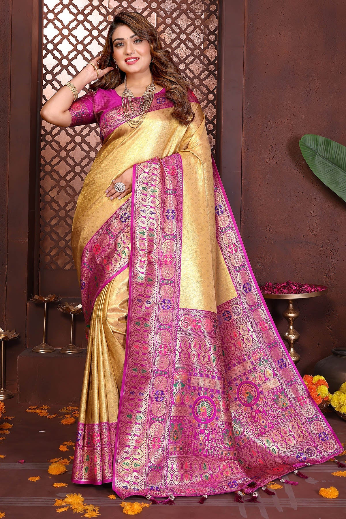 Buy Yellow Tissue Silk Fancy Saree for women by Aastha Fashion online available at scrollnshops